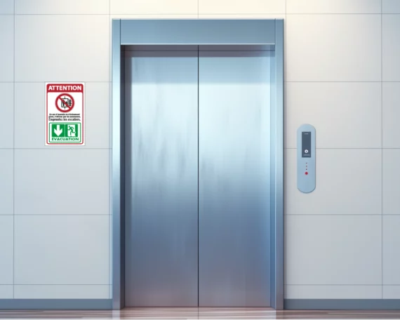 Panneau Picto + Texte Ne Pas Utiliser les Ascenseurs + Flèche Évacuation SI-0177